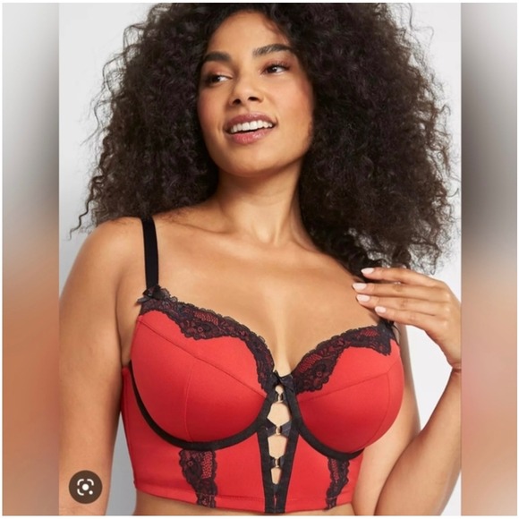 Cacique Red & Black Lace Trimmed Longline Boost Balconette Bra - Size 38DDD - Picture 1 of 11